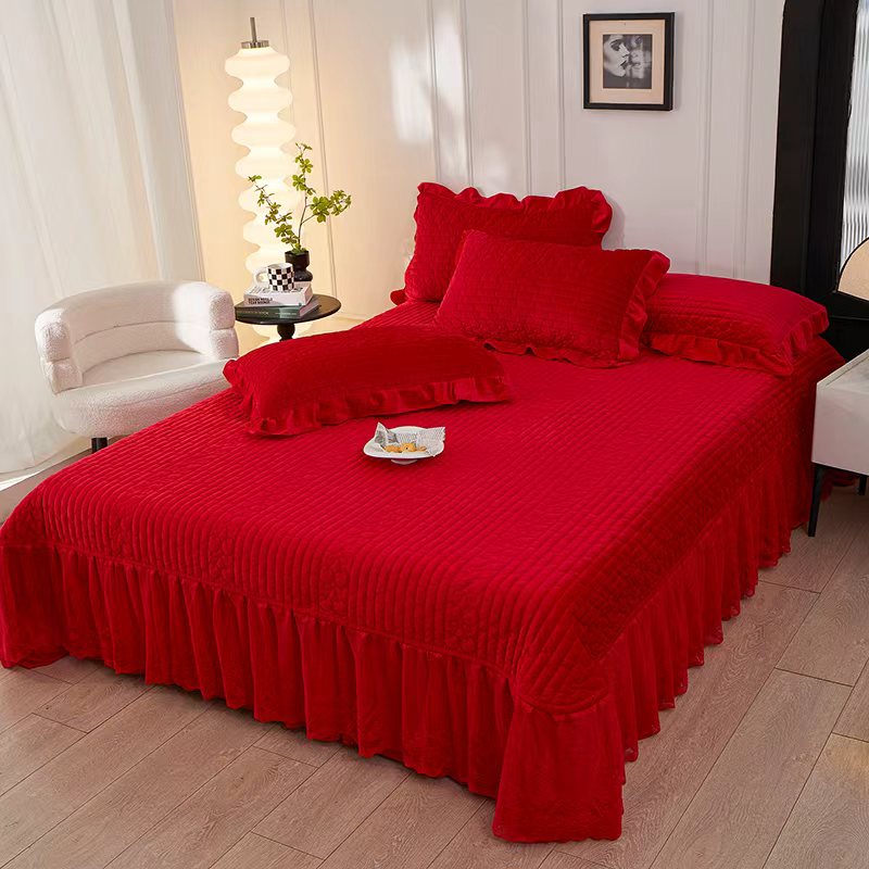 加大樱桃款-秋冬欧根纱加绒夹棉婴儿绒宝宝绒防滑单床裙床盖纯色