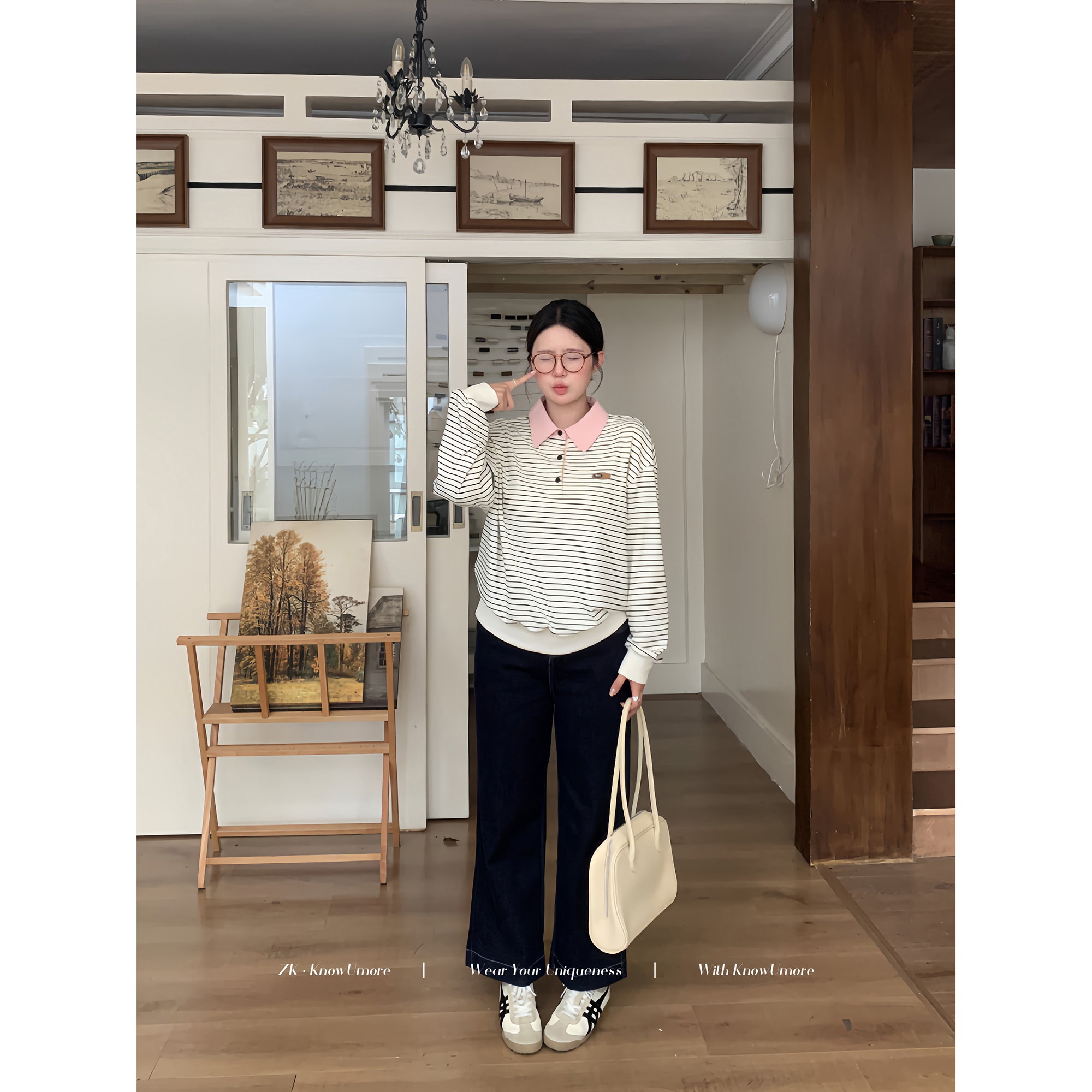 知葵微胖定制【半糖周末】初秋韩版翻领条纹学院POLO衫12253PL6270