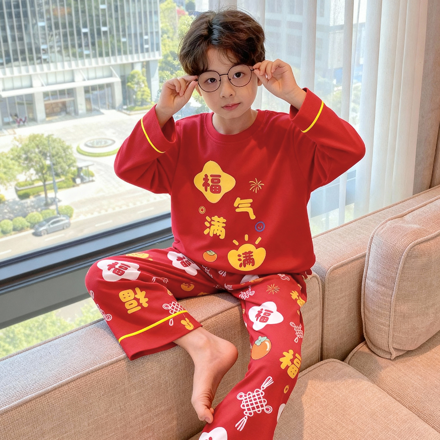 三昌男童睡衣纯棉圆领长袖红色本命年春秋季青少年喜庆家居服套装