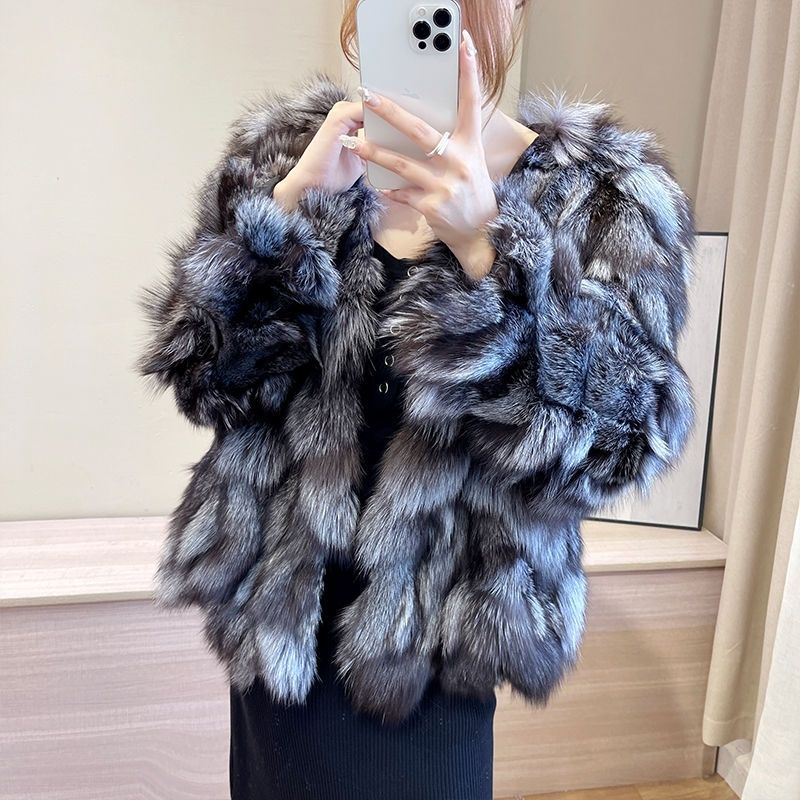 新款加厚本色狐狸毛皮草外套女短款V领皮毛一体时尚保暖毛毛大衣