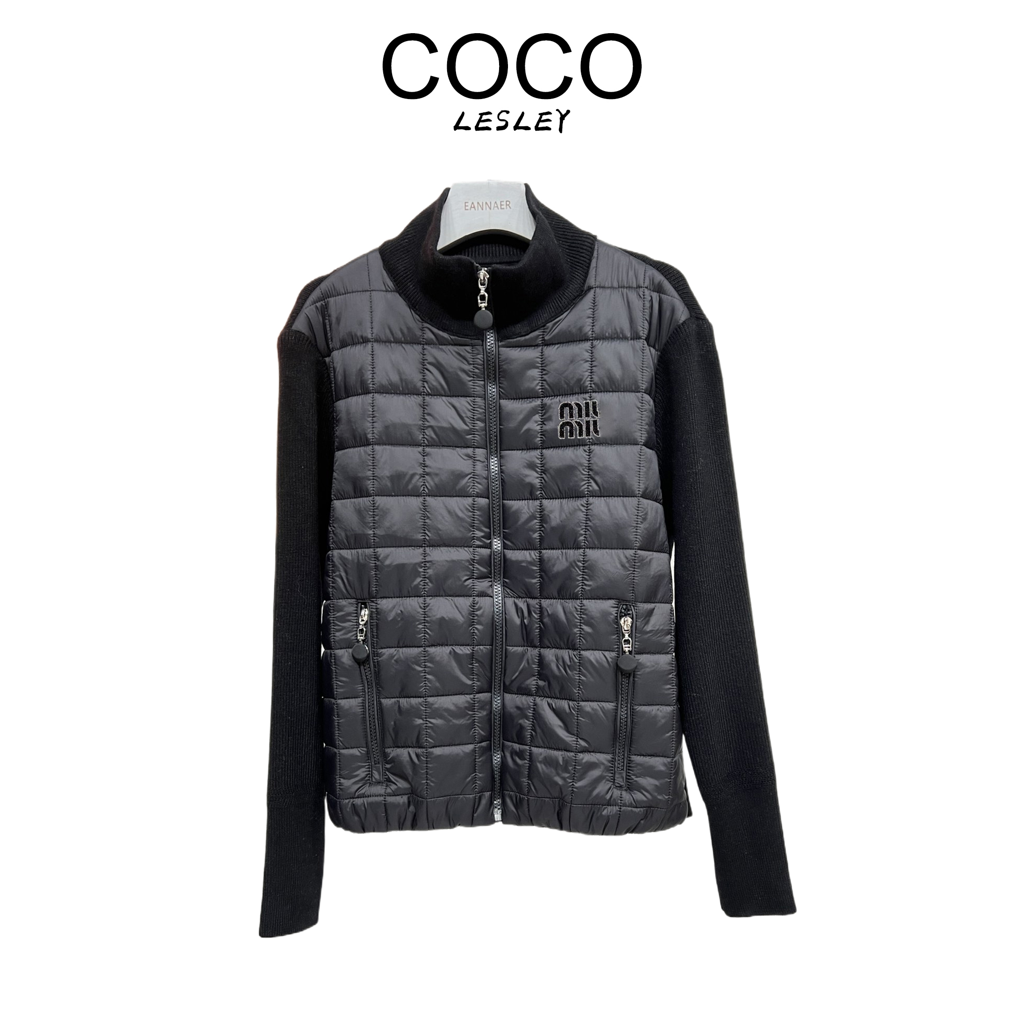 【COCO LESLEY】M家羊毛针织拼接电脑裥缝立领棉服冬季保暖时尚上衣
