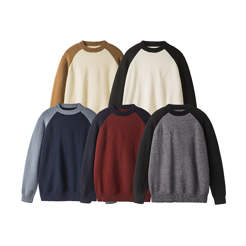 美式复古插肩撞色圆领毛衣男春秋加厚潮牌宽松休闲针织衫 MM234