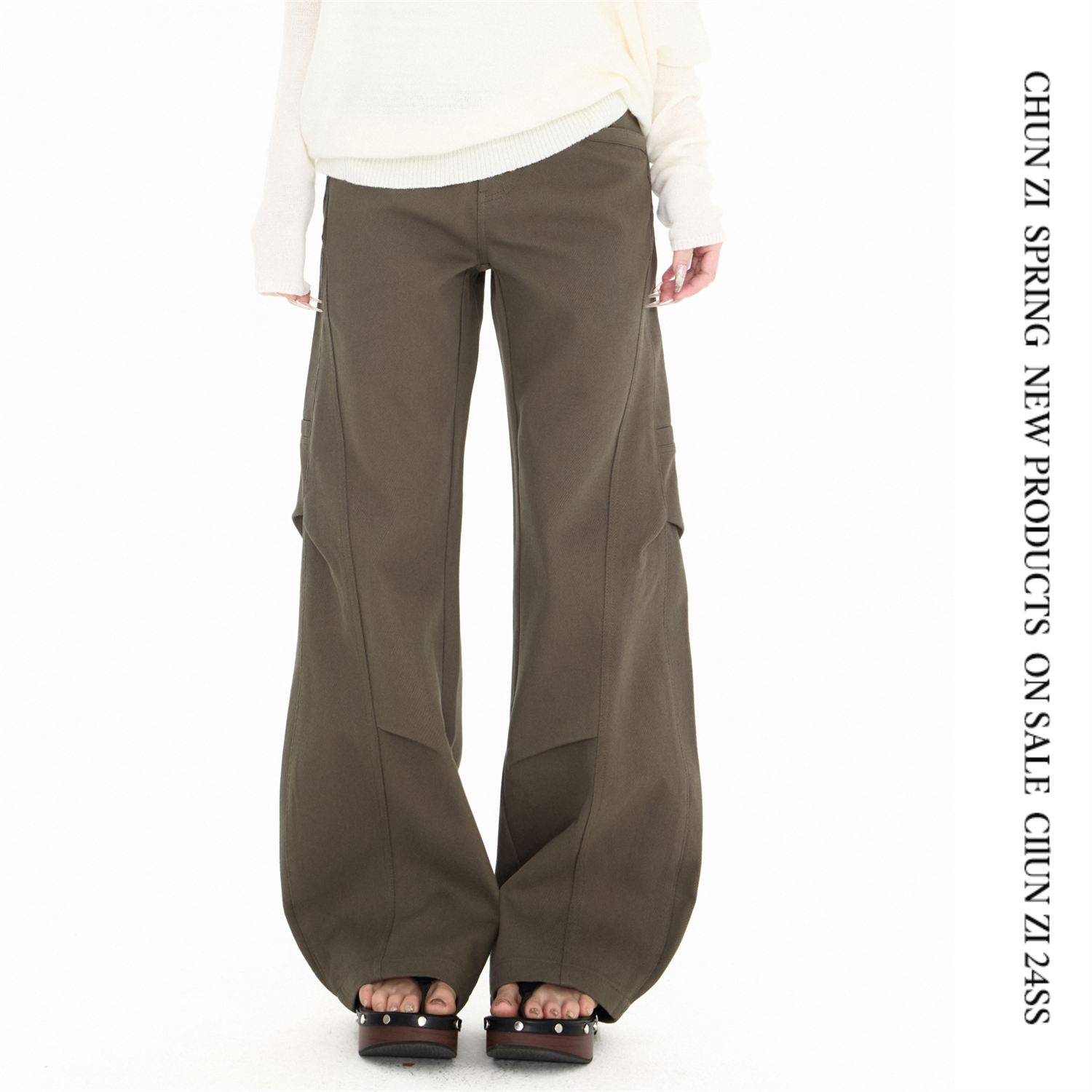 【CHUN ZI】设计感美式复古军绿斜纹弯刀百搭显瘦微喇工装裤