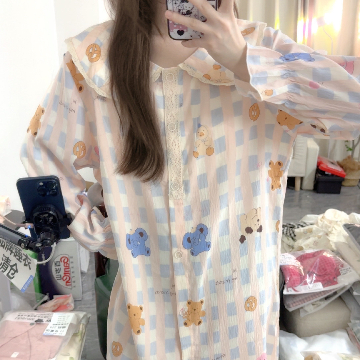 46-春秋款满印卡通娃娃领开扣带胸垫长袖睡裙