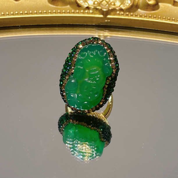 铜合金合成锆石戒指 TT 绿色MN精雕貔貅戒指 6704