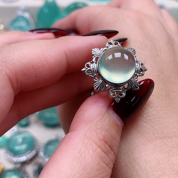 蛇纹石玉戒指银S925镶嵌^***然