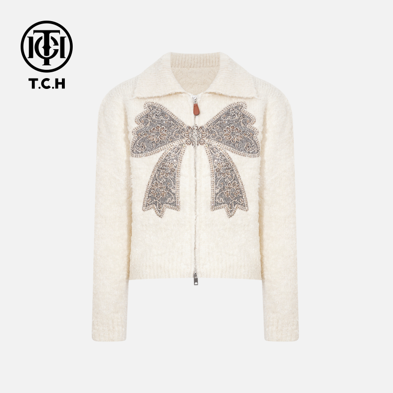 TCH私服冬款慵懒风烫钻时尚淑女米色休闲外套T75D27E1043轻奢tch