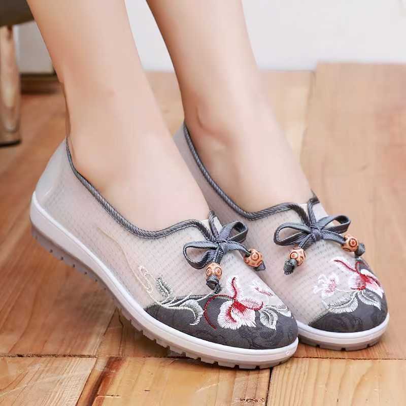 汉舞布鞋国风刺绣布鞋一脚蹬平底透气网纱单鞋 薄荷