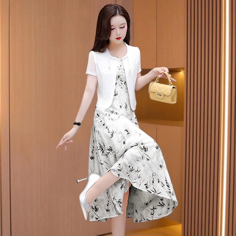 清雅禅意中式两件套裙2025爆款印花国风显瘦气质短袖连衣裙中长款