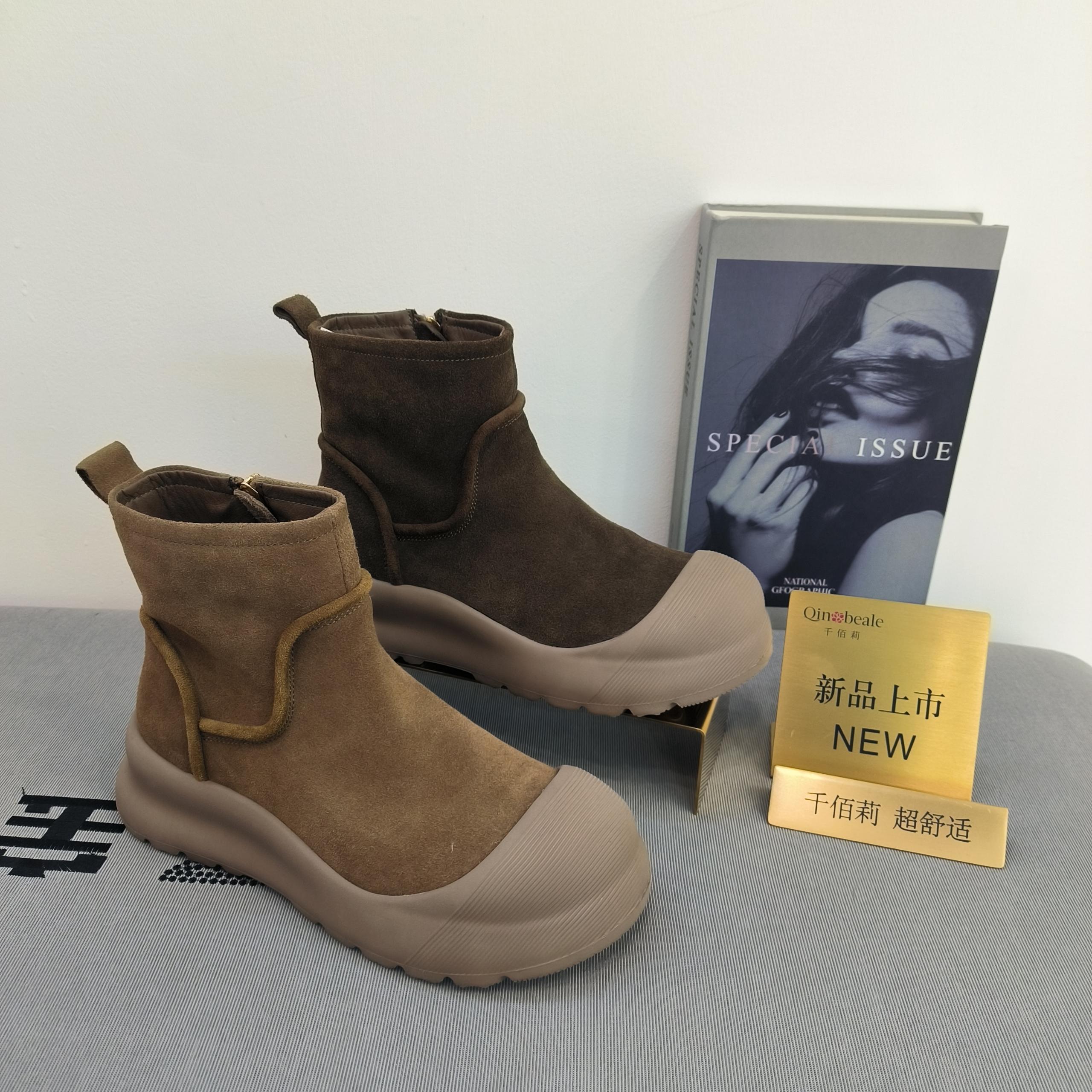 Qin&beale/千佰莉 H2117磨砂牛皮超轻底休闲娃娃头女单靴
