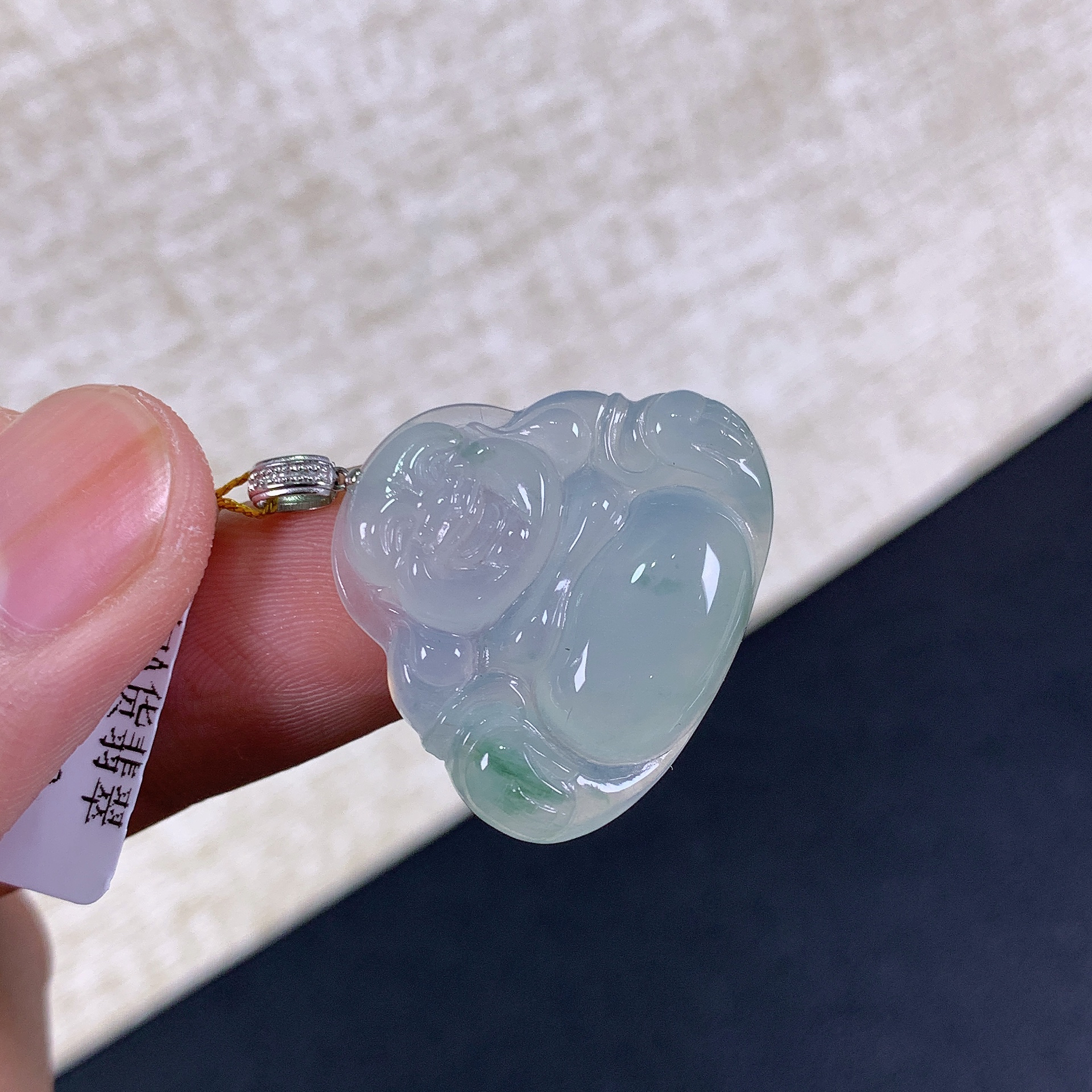 缅甸天然A货翡翠18k金镶嵌冰润起胶飘花佛公吊坠29.6x27.7x5