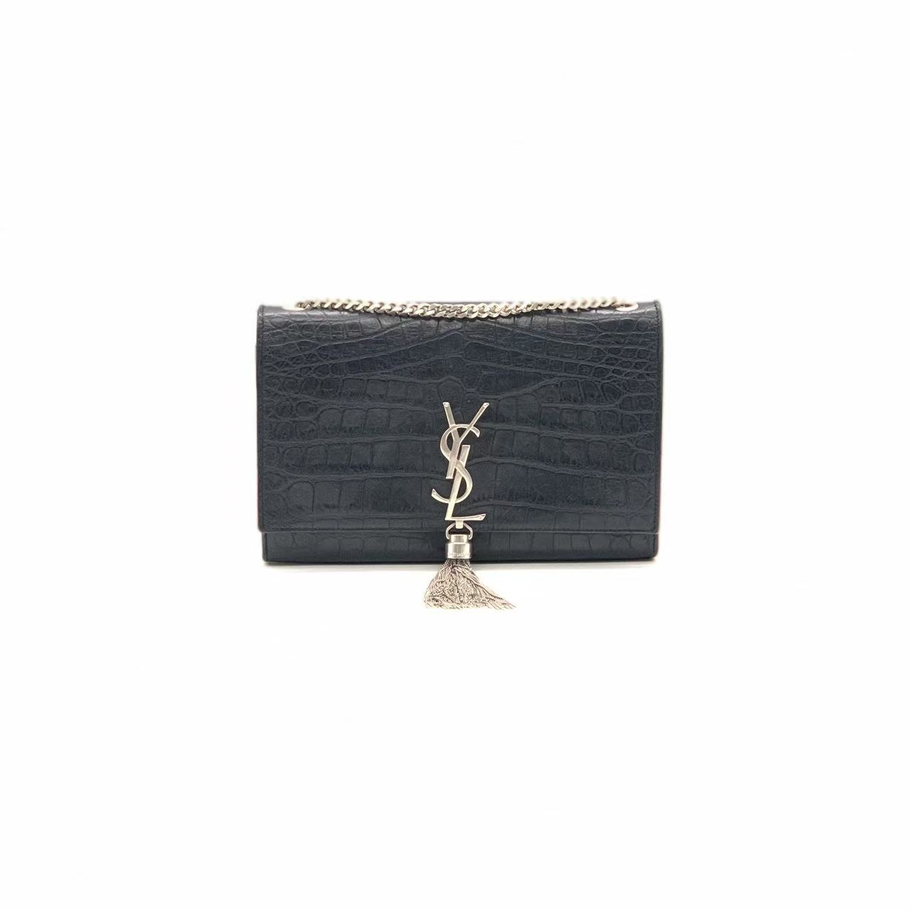99新 YSL/圣罗兰 雾面黑银鳄压中号流苏包/