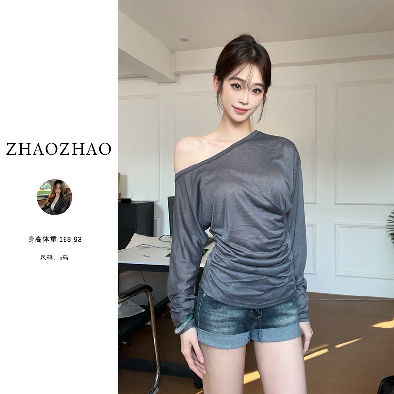 【ZHAOZHAO】春季新款韩系纯欲风时尚显瘦斜肩宽松长袖气质打底T恤