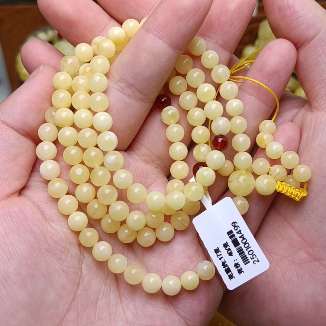 蜜蜡颈饰未镶嵌6+108圆珠浓奶豆