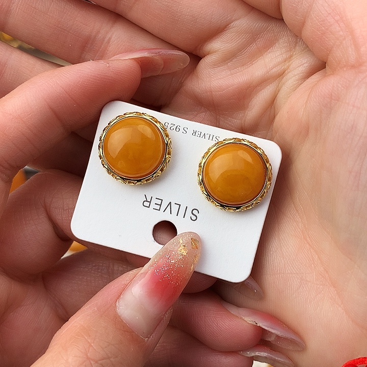 蜜蜡耳饰银S925镶嵌耳饰