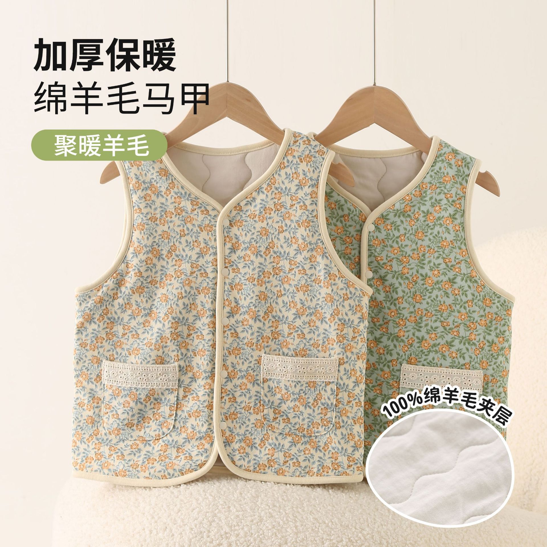 TSD儿童五层加厚羊毛马甲女孩碎花棉马甲冬季新款中大童校服神器