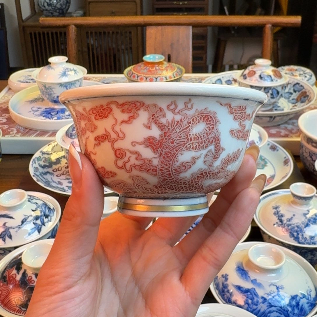杯重工描金银点工五龙压手杯纯手绘