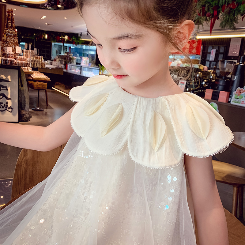 【现货】米米哈罗女童春款花瓣领无袖连衣裙时髦洋气生日裙C25100