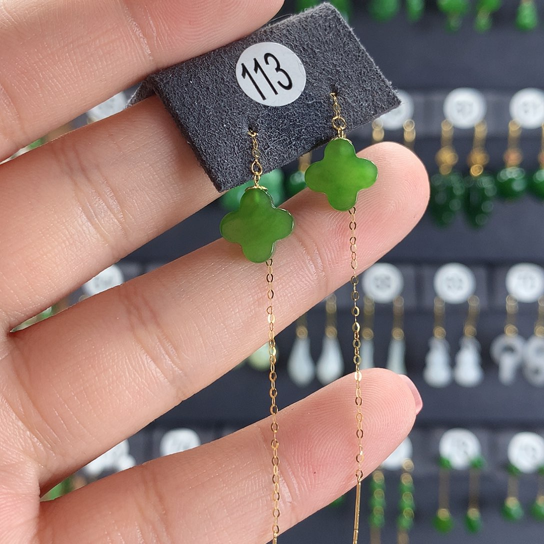 和田玉耳饰18K金镶嵌113