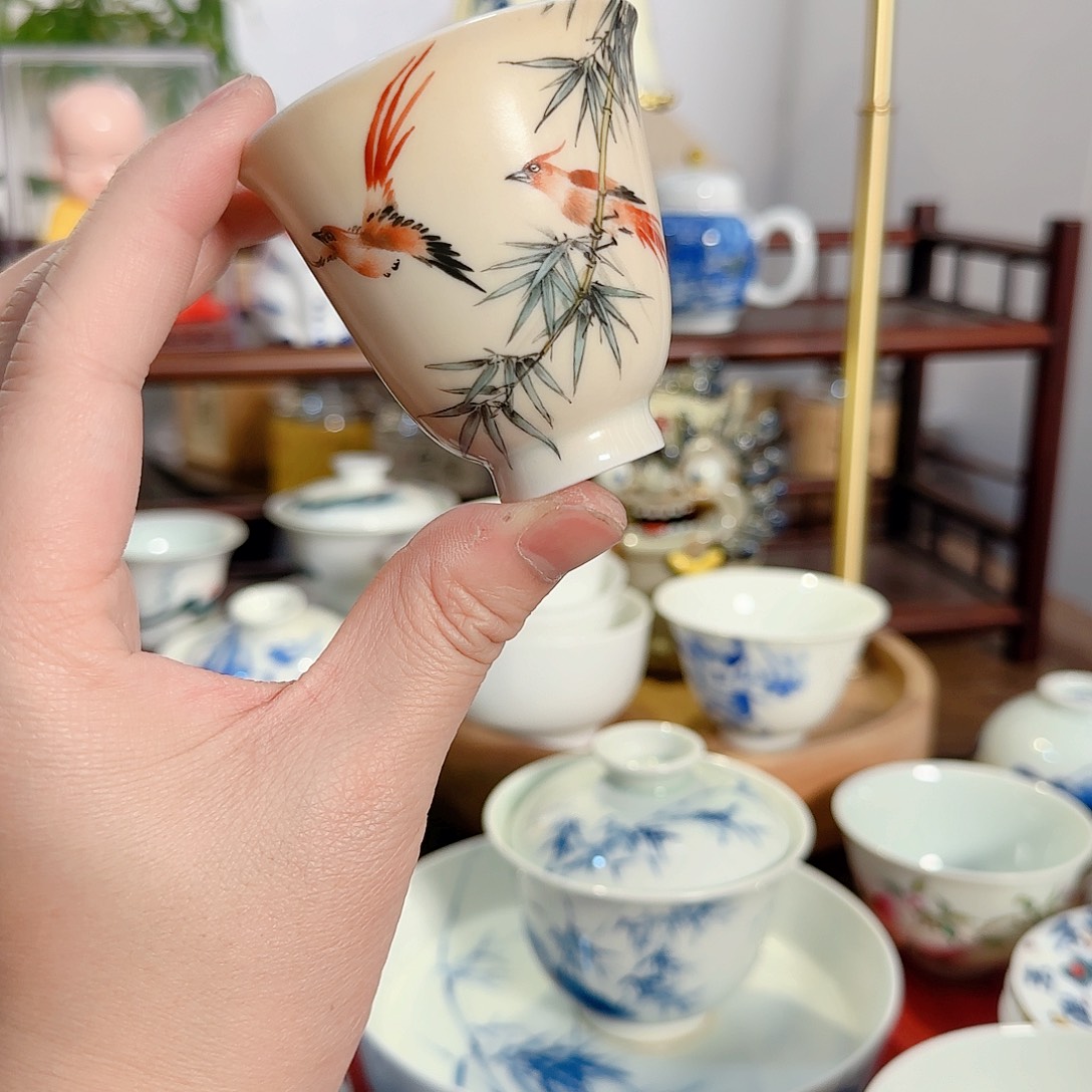 杯子竹鸟主人杯 景德镇釉上全手工