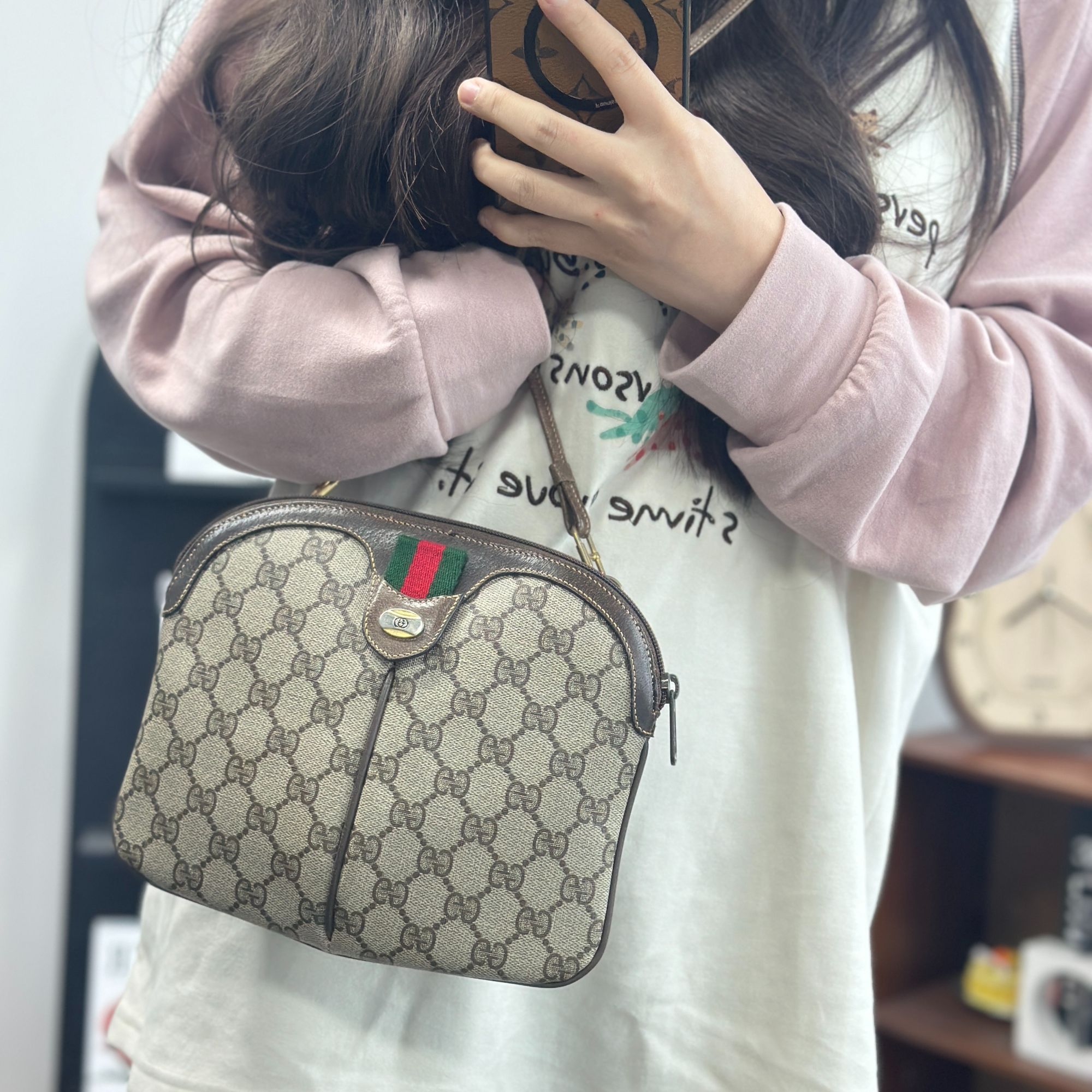 95新 GUCCI/古驰 棕色牛皮拼接单肩包/r40