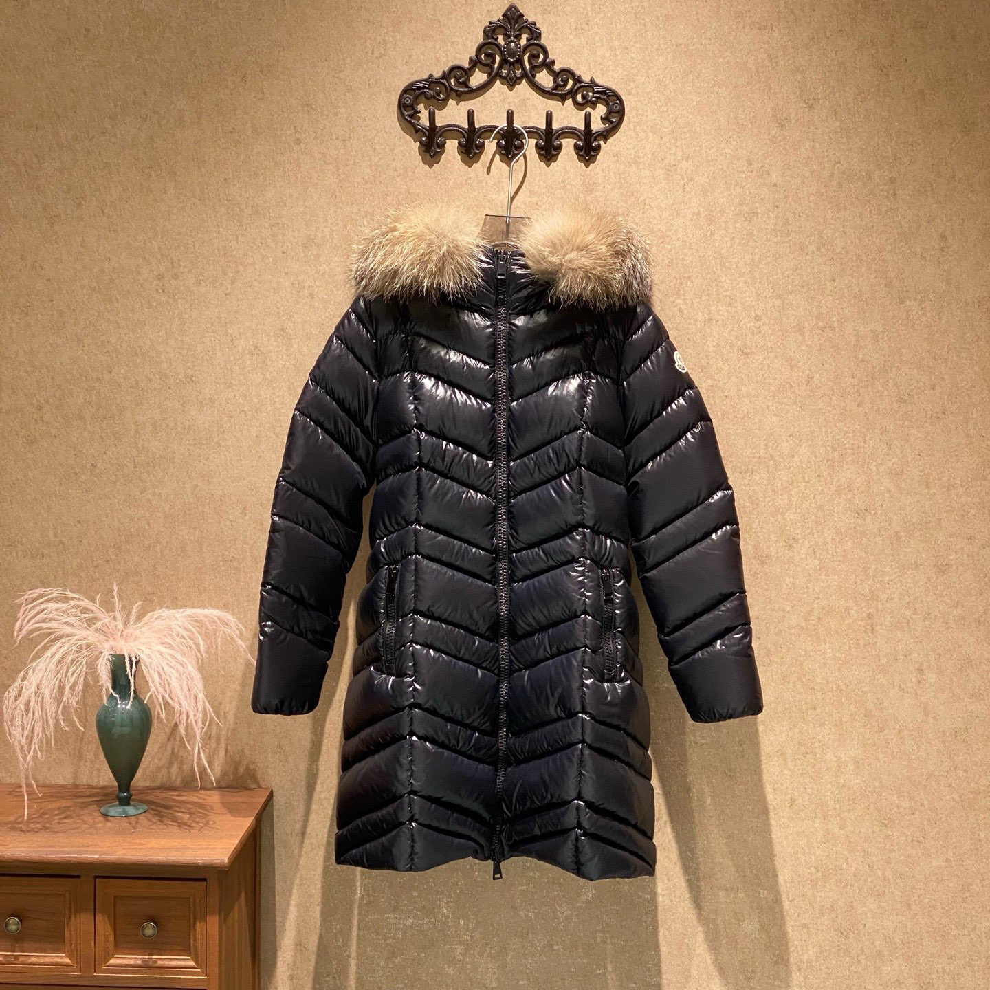 99新 MONCLER Fulmar爆款亮面毛领长款羽绒服/黄金2码/38554