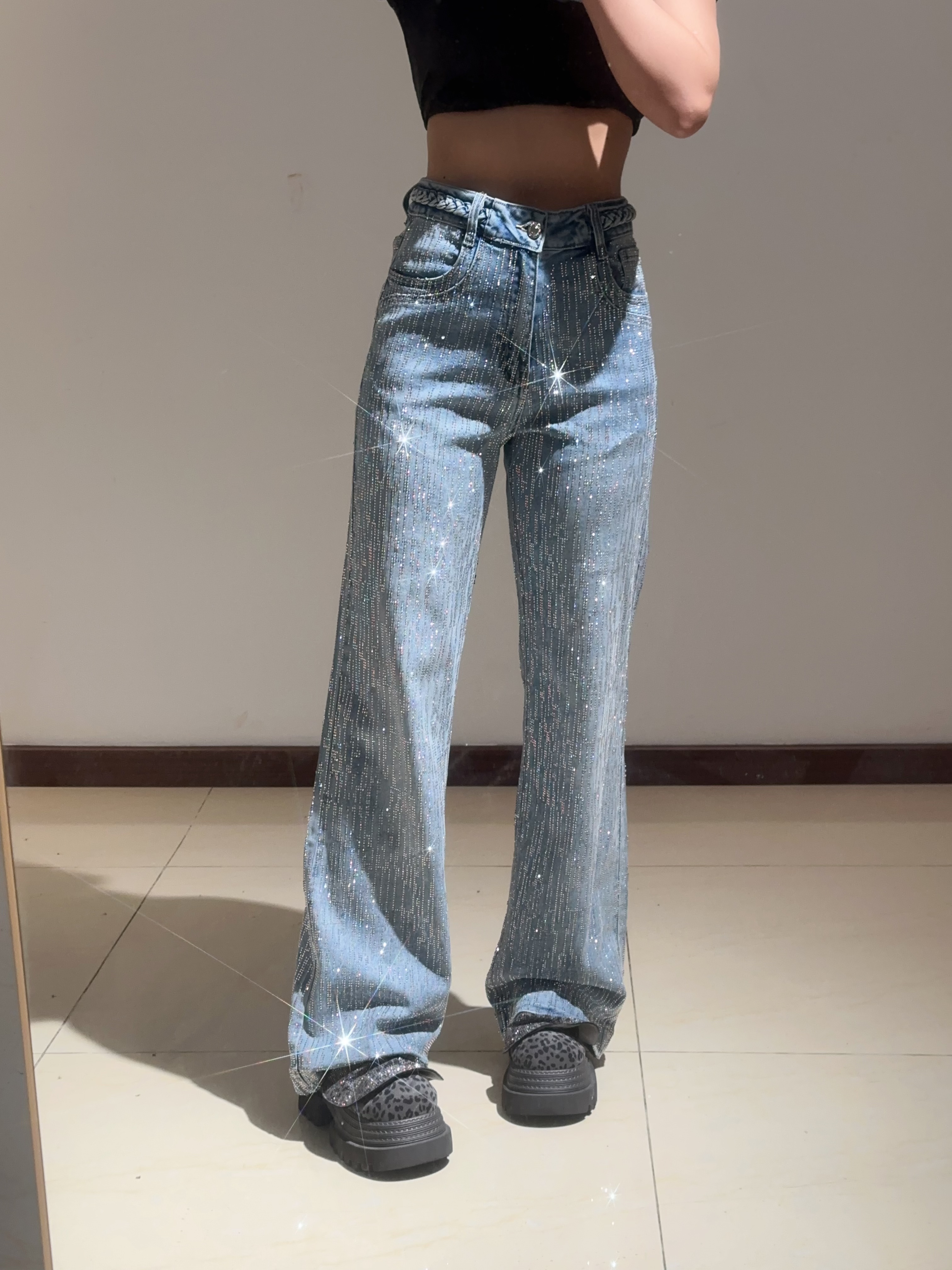 巴黎爆闪裤麻花腰重工烫钻欧货拖地牛仔裤高腰阔腿长裤8565