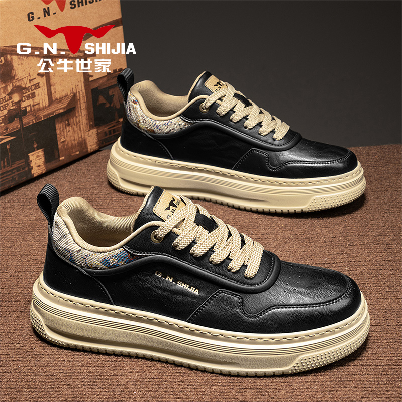 公牛世家男鞋2025新款秋季复古皮面休闲板鞋男百搭英伦风软底皮鞋