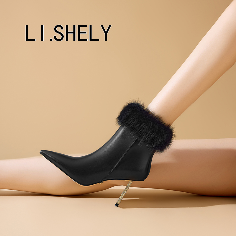 【139号】秋冬新品时装靴细跟短靴保暖貂毛高跟时尚欧美风靴子女鞋