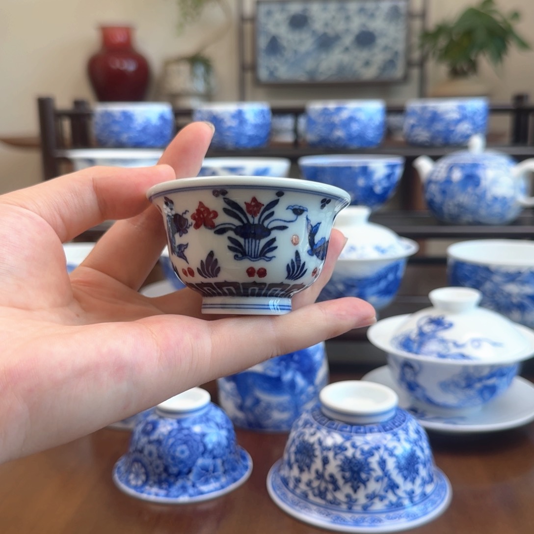 瓷片半闲窑青花釉里红鱼藻