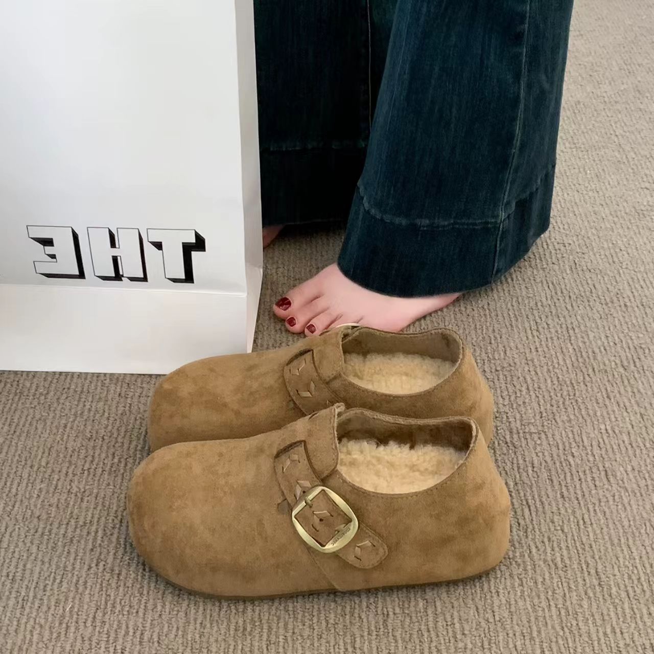 磨砂加绒保暖勃肯鞋女复古两穿休闲平底懒人棉鞋1191