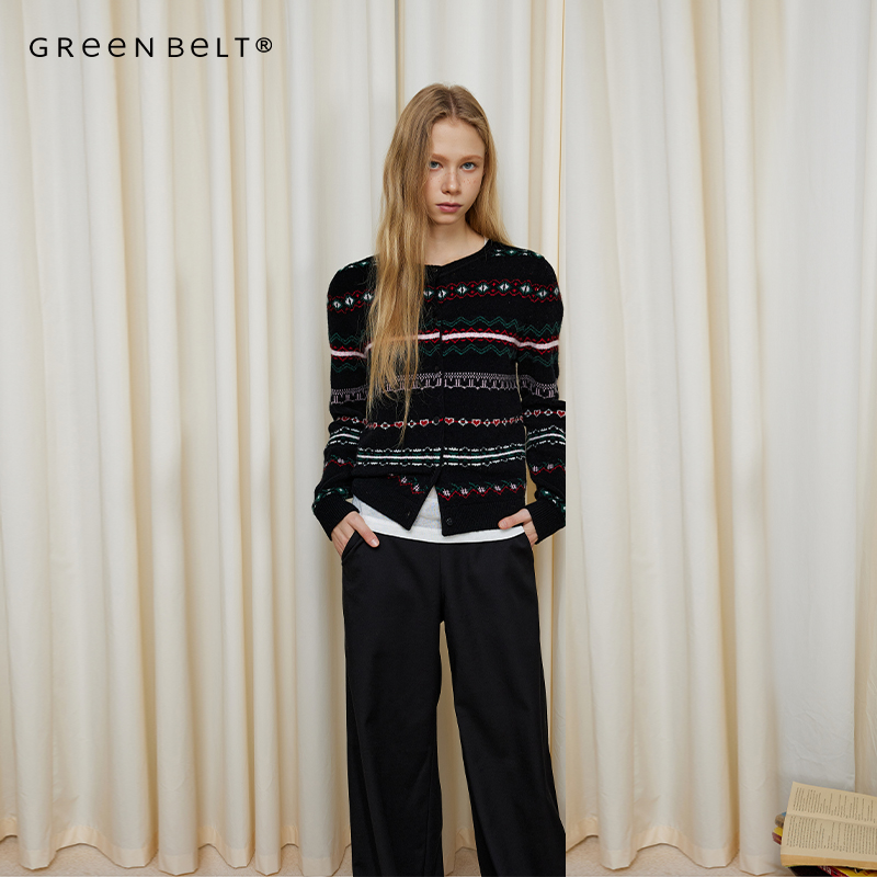 GREEN BELT费尔岛提花羊毛针织衫女2024冬季新款复古撞色针织开衫