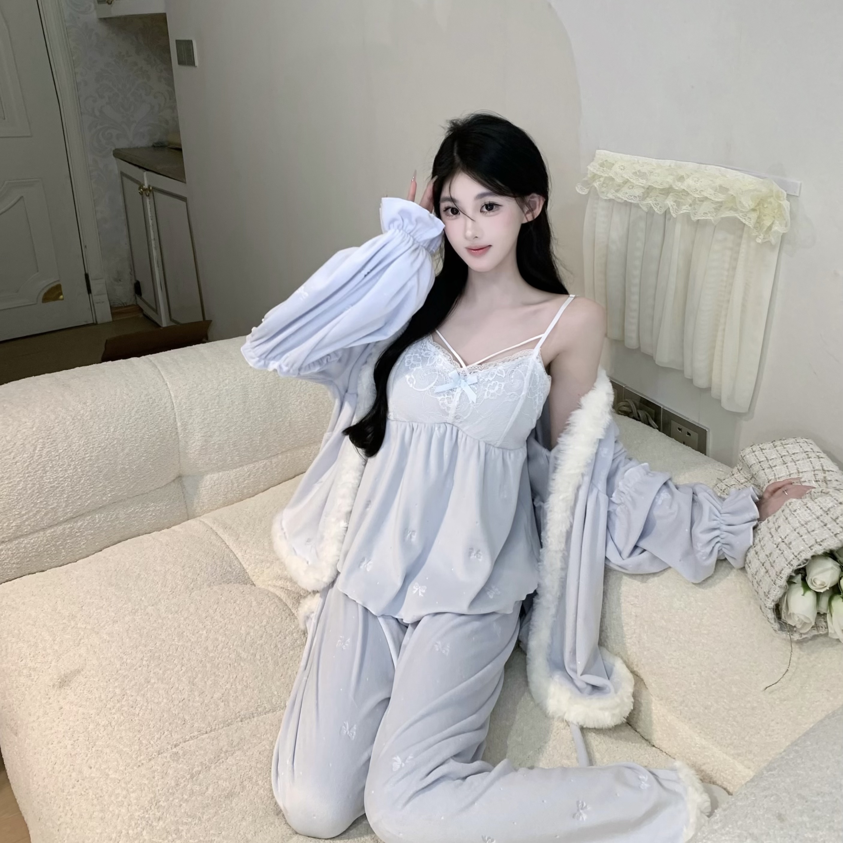 1豆【初冬告白】长袖长裤纯欲高腰显瘦秋冬季女套装法式睡衣