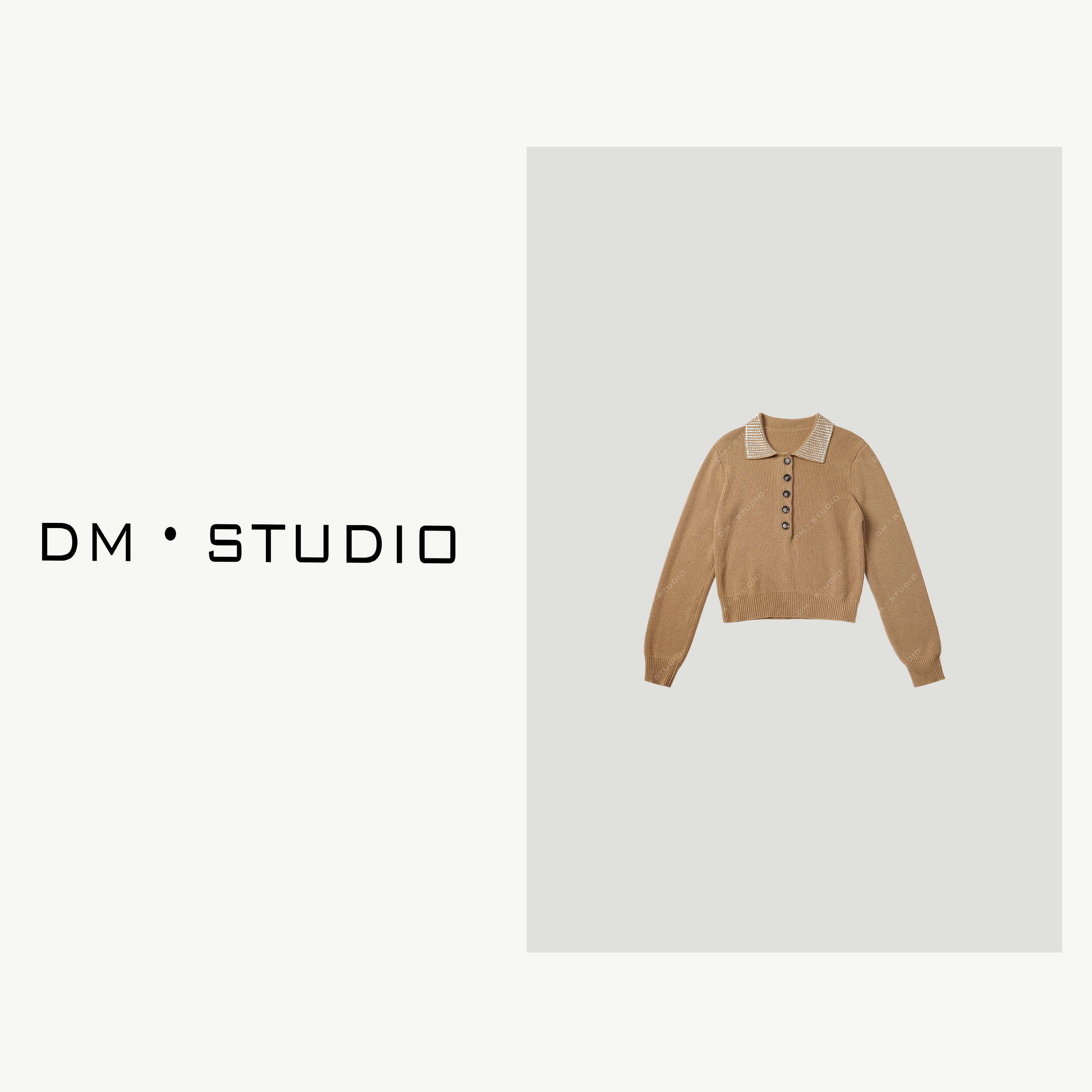 DEDM•STUDIO/26支100%羊毛重工半排扣钉钻翻领针织毛衣（24817）