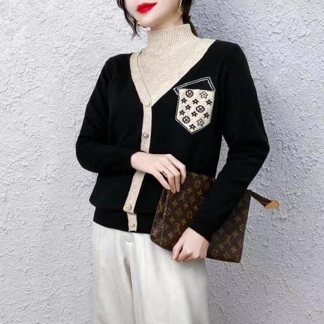 【黑美人高定-假两件】2023春季新款长袖印花镶钻针织衫