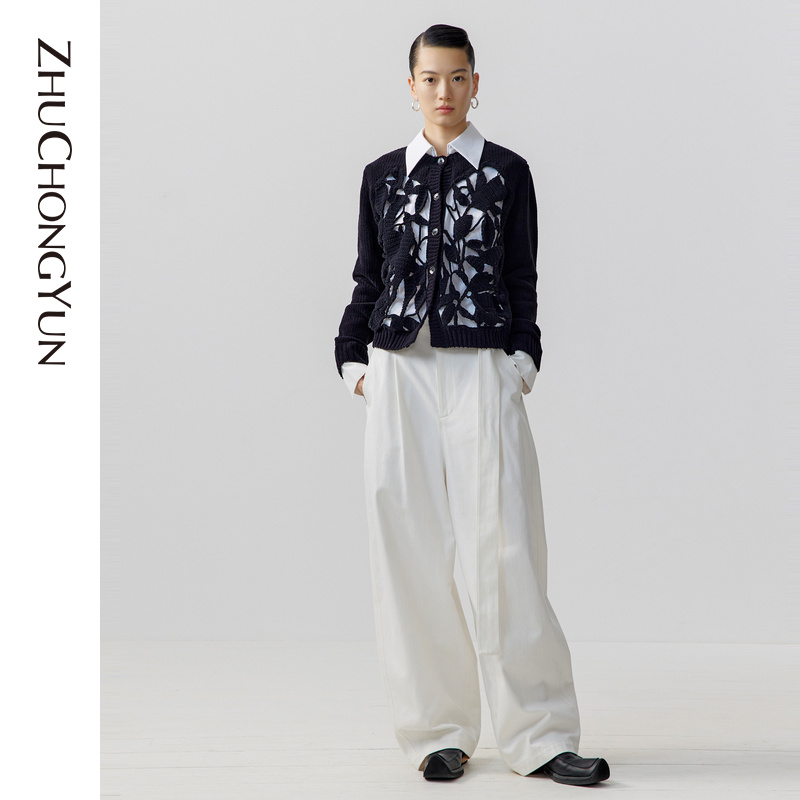 ZHUCHONGYUN2023春新款时尚撞色镂空针织上衣C1DE1737M