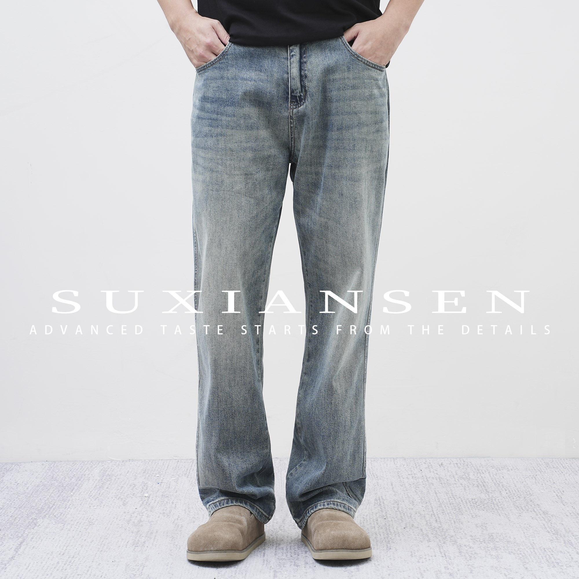 【大头叔叔】猫须马骝复古做旧水洗结构口袋休闲直筒牛仔裤 DD1078