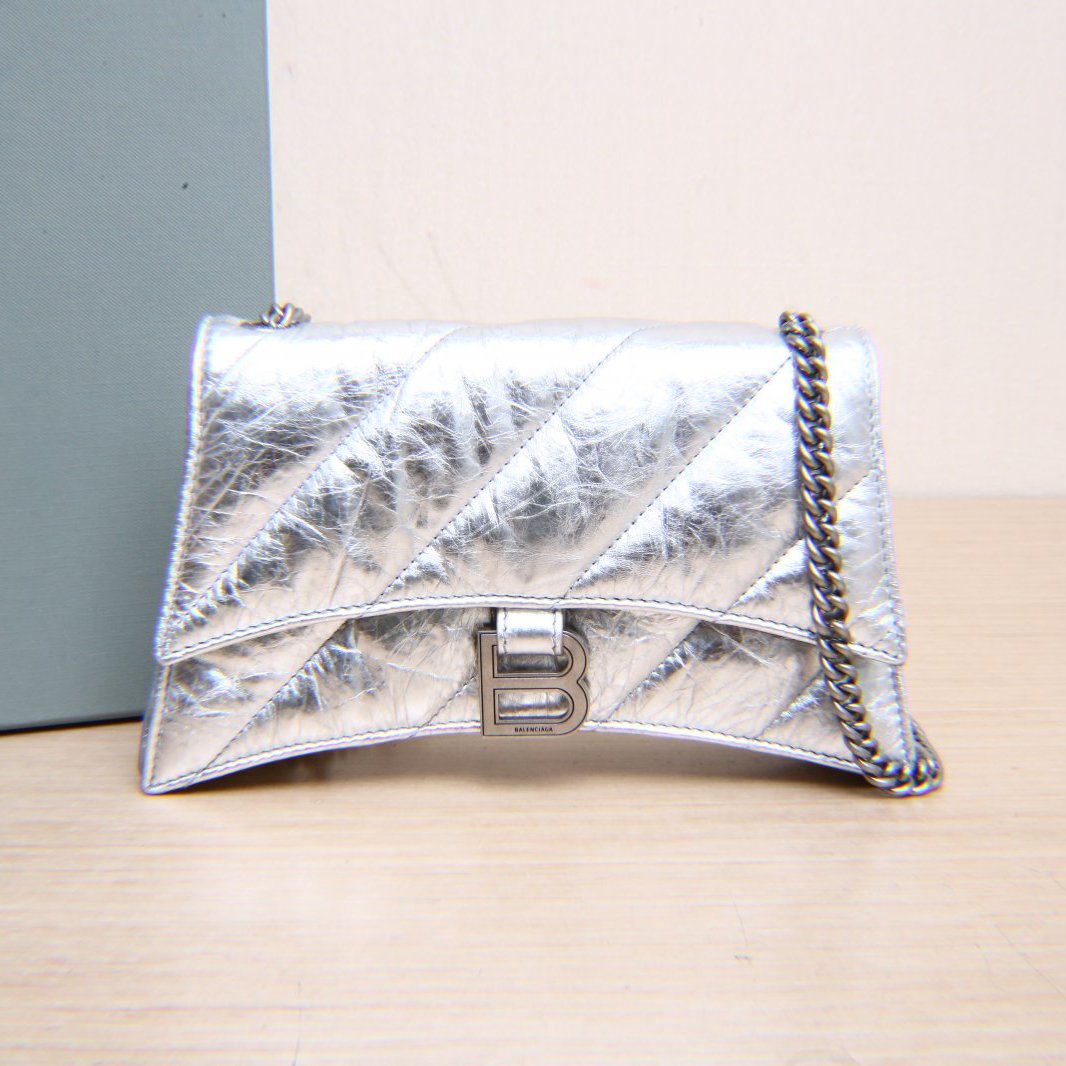95新 Balenciaga/巴黎世家 小花攀攀沙漏 Crush XS 21.5银色皮革C
