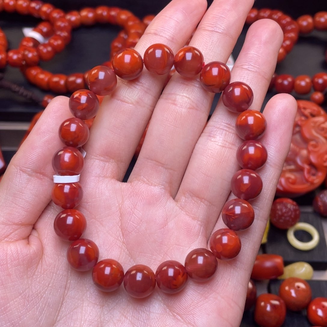 南红玛瑙其他未镶嵌y9.5mm瓦西牛血红火焰纹圆珠手串