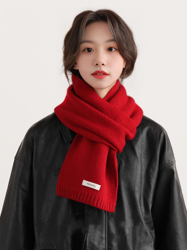 澳洲全羊毛围巾冬季保暖百搭精品针织红色纯色时尚百搭亲肤不扎人