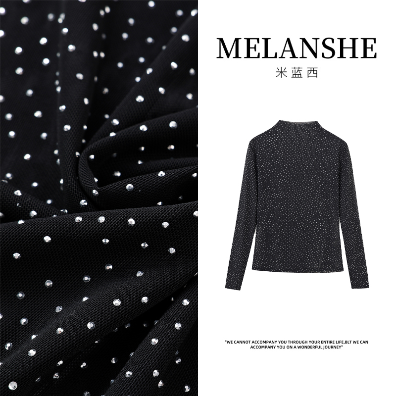 烫钻修身型抗皱褶皱半高领女长袖T恤圆领休闲时尚