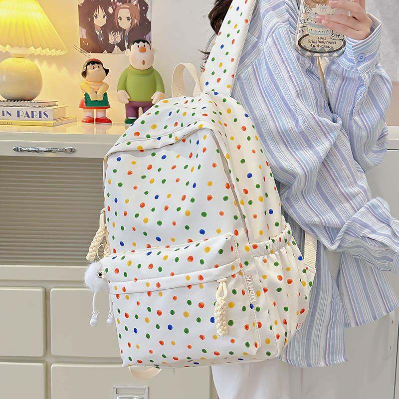 日韩波点双肩包女2024新款高中生少女书包初中大学生上课旅行背包