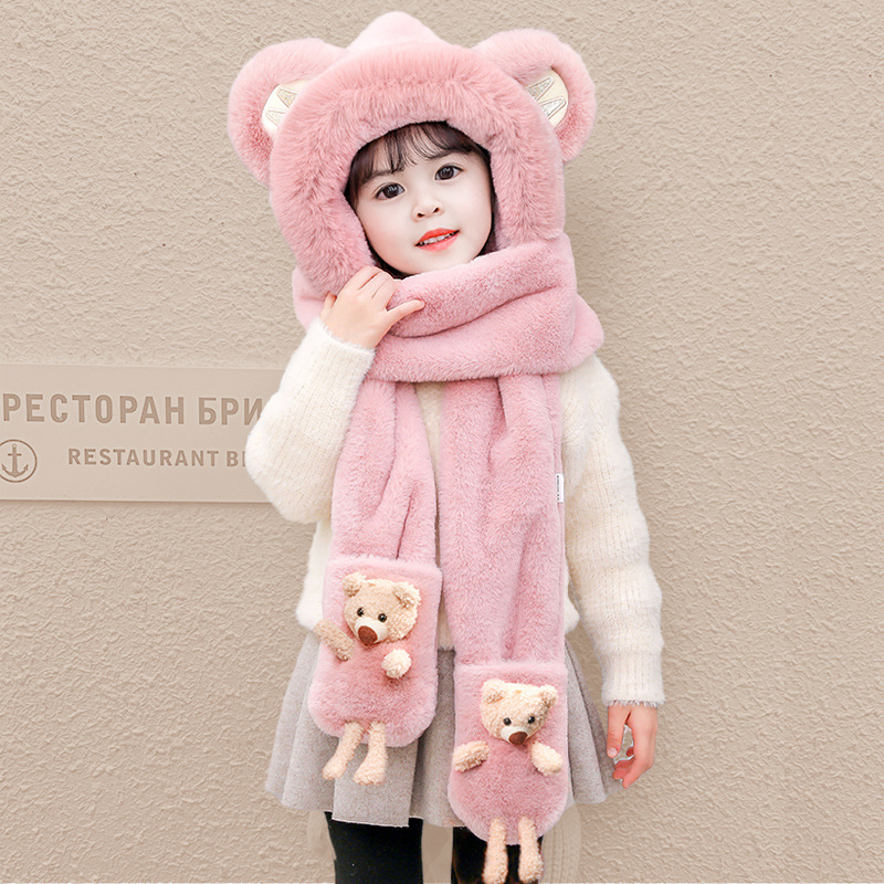 AYX40卡通小熊儿童帽子围巾手套三合一冬季加厚男女童套头一体帽