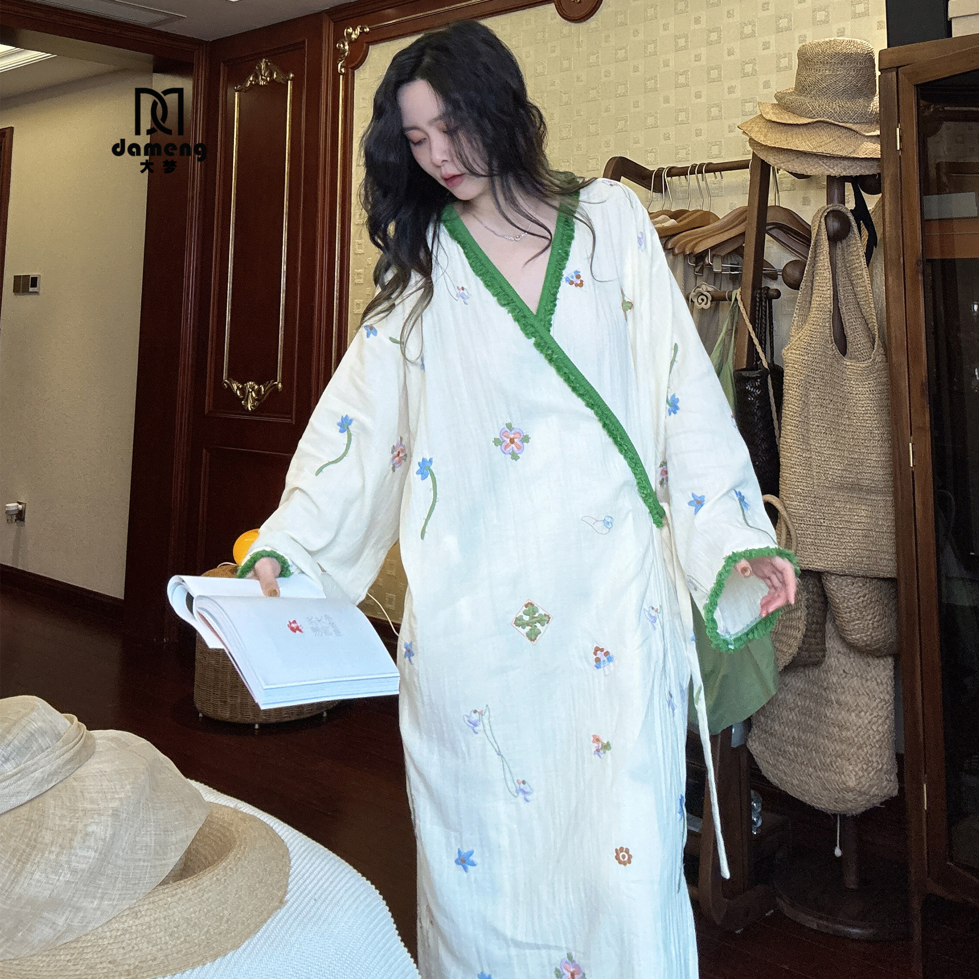 春夏季睡袍晨袍纯棉棉纱复古风刺绣睡裙浴袍女薄款家居服斜襟长款