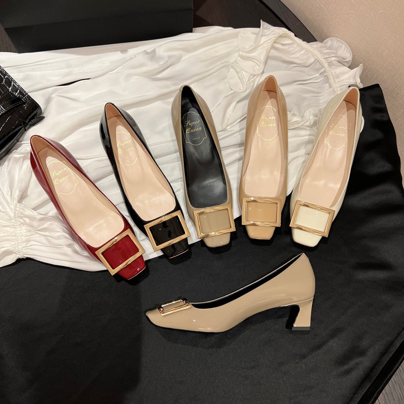 升级版 大象灰方头漆皮 方扣单鞋粗跟中跟浅口女鞋