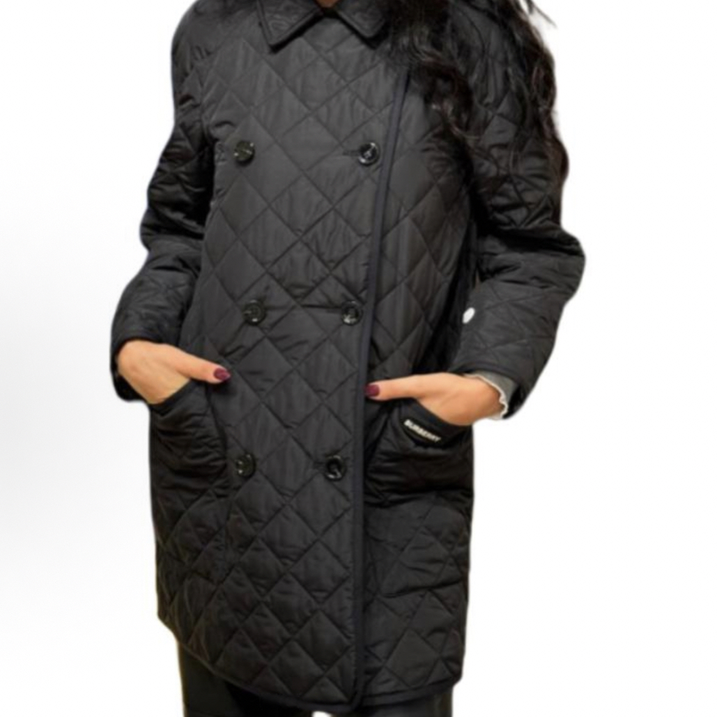 99新 BURBERRY/博柏利 字母印花双排扣中长款棉服黑色/S码/A04806