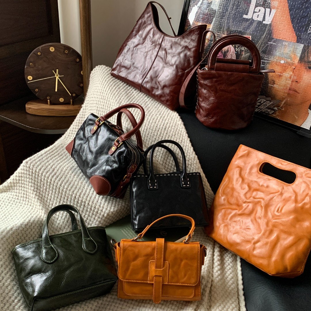  【1w1y线上店】高端定制手抓纹植鞣牛皮手拎单肩斜挎大容量女包