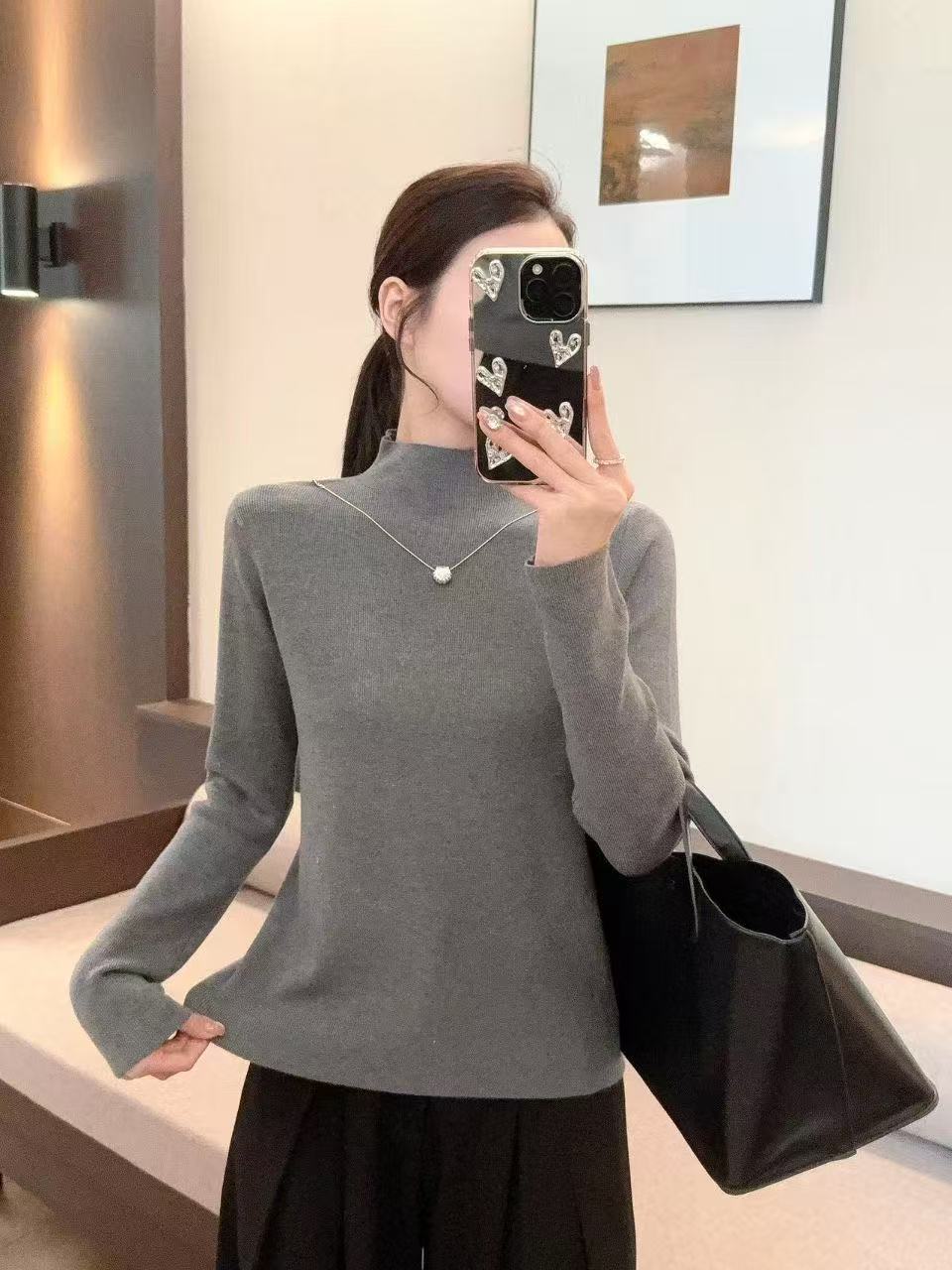半高中领打底衫女秋冬洋气链条修身漂亮别致内搭亮丝针织上衣T恤
