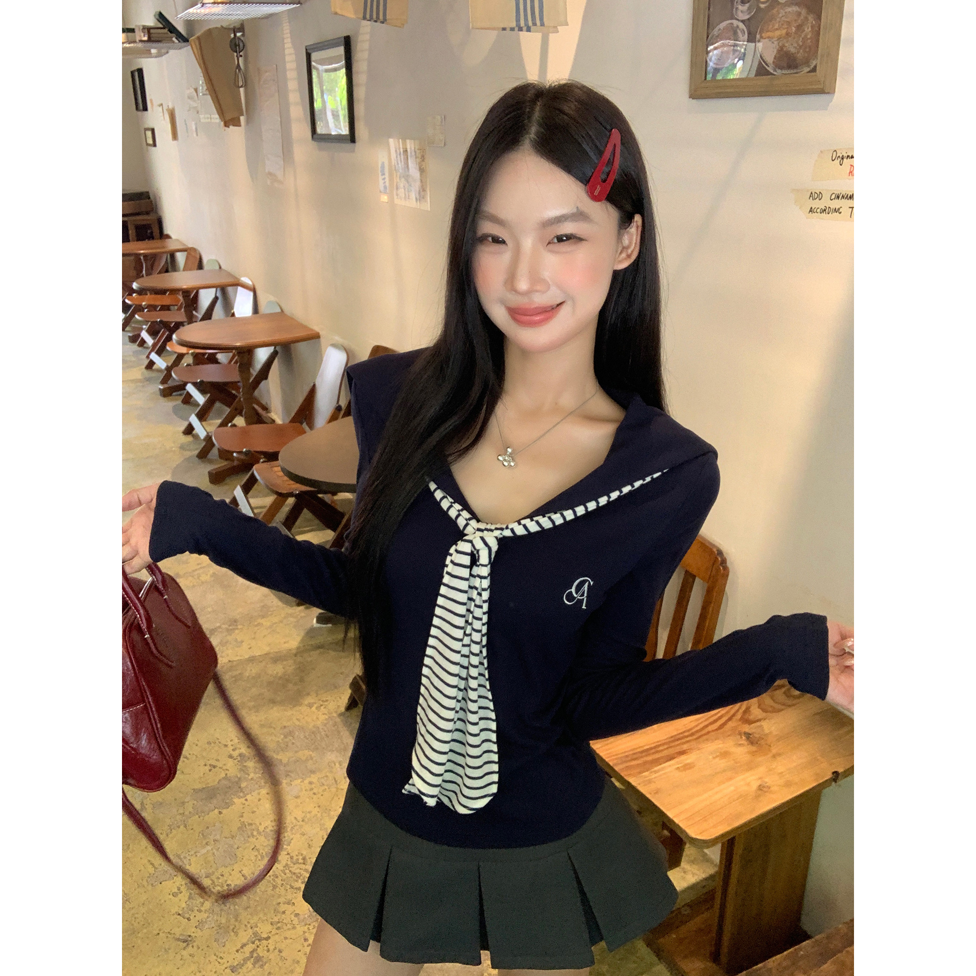 韩系长袖打底衫女2025早秋海军领修身T恤高级感巨好看设计感上衣