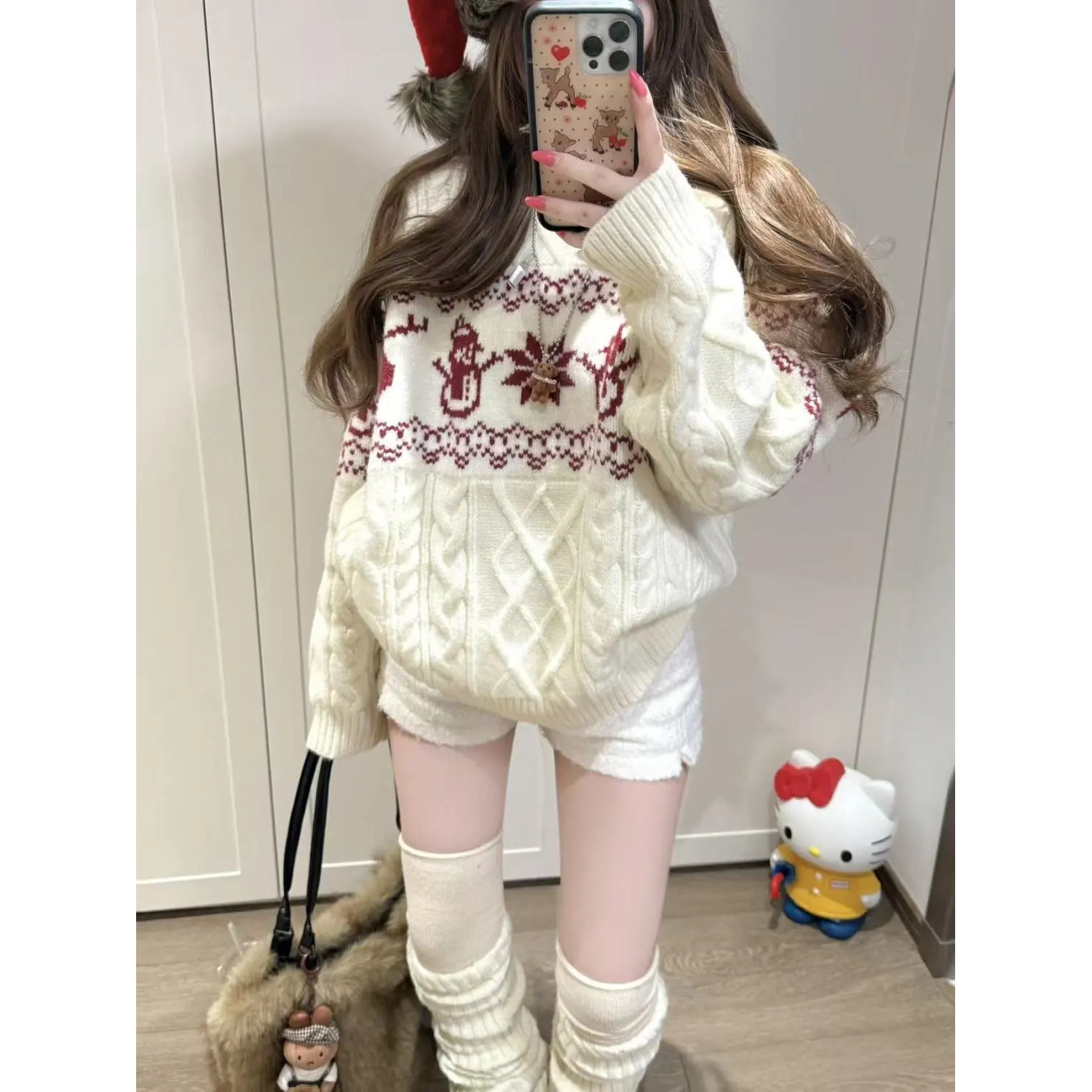 圣诞费尔岛复古提花氛围感圆领毛衣秋冬新款宽松保暖套头针织上衣